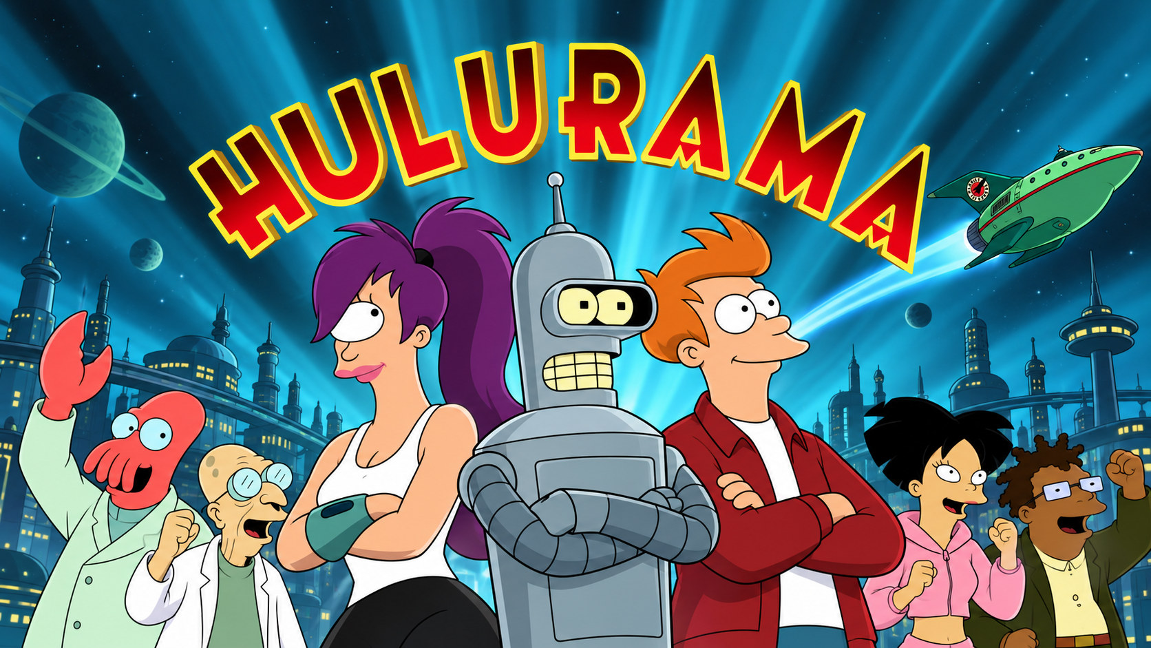 Hulurama fan artwork: Leela, Bender and Fry with Zoidberg, Professor Farnsworth, Amy and Hermes in a futuristic city, beneath the Hulurama title and a departing green spaceship