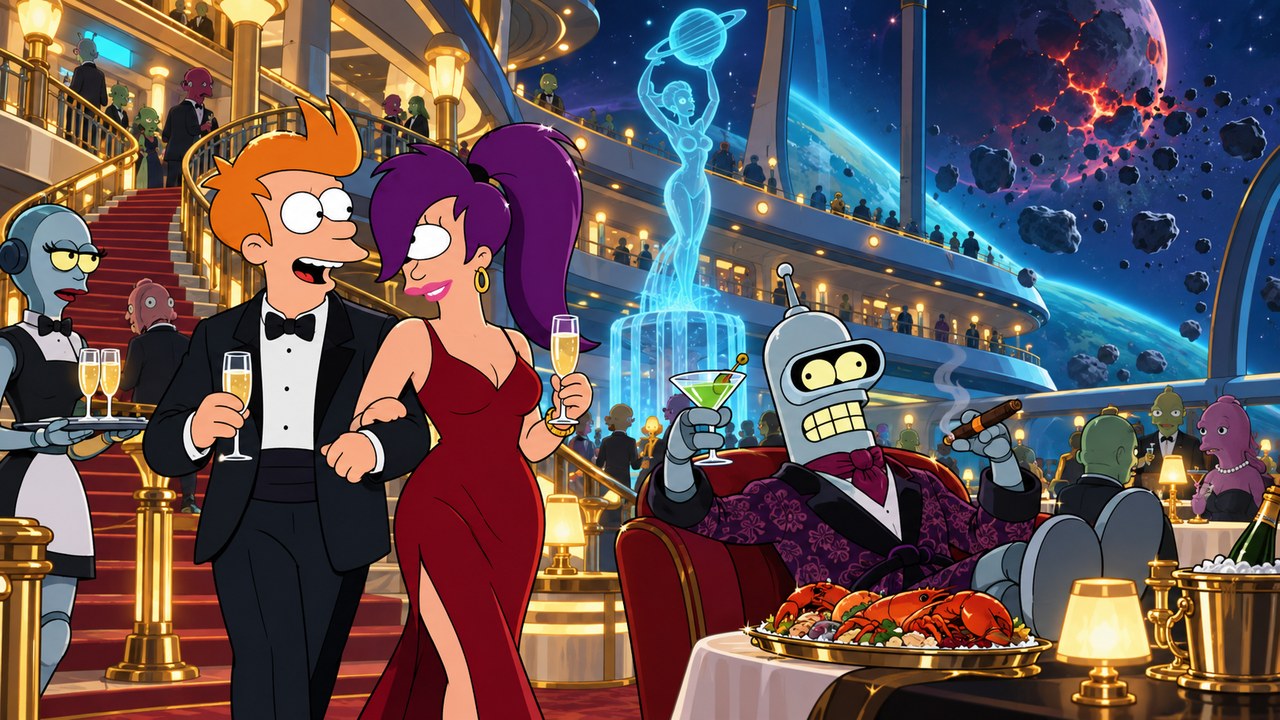 Fry and Leela in formal clothes aboard a luxury space liner, with Bender nearby.