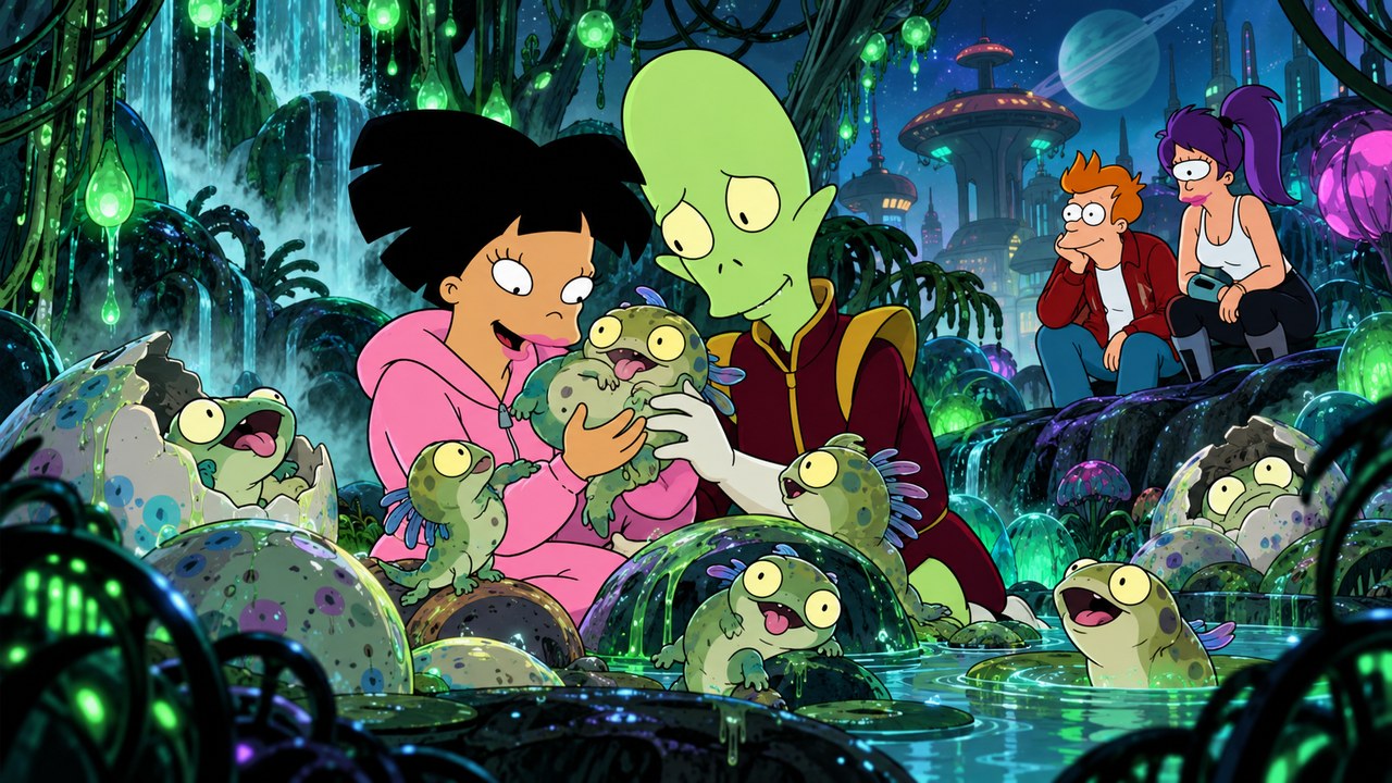 Amy and Kif hold amphibious offspring in a lush alien swamp.