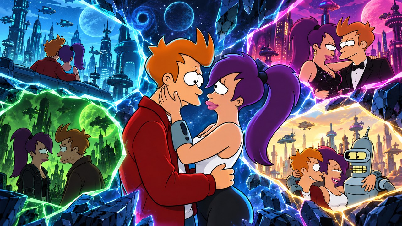 Fry and Leela embrace amid colorful alternate-reality windows.
