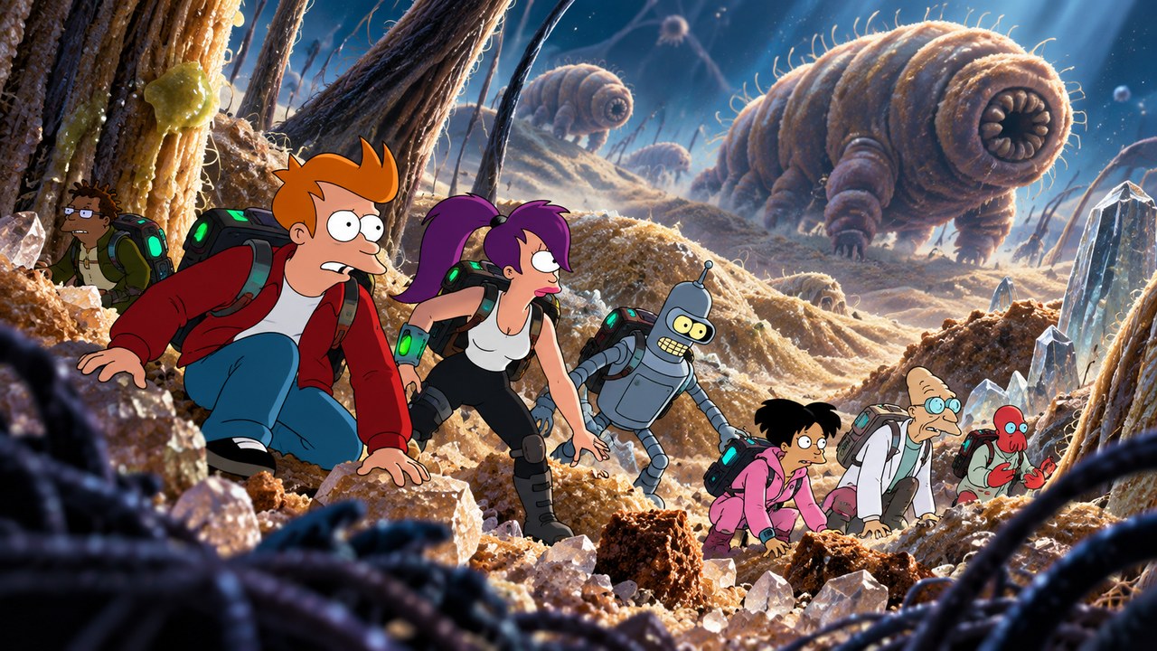 The miniaturized crew explores grain-like terrain beneath a huge worm-like creature.