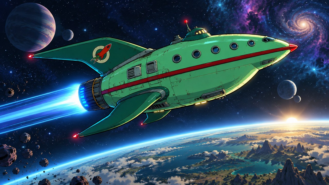 A green delivery spacecraft with bright blue exhaust above a planet.