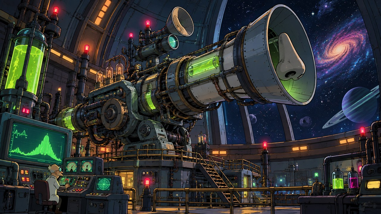 An oversized telescope-like machine with a nose-shaped receiver in a glowing laboratory.