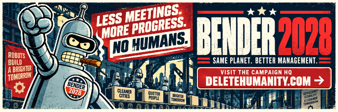 Bender 2028 — less meetings, more progress. Visit DeleteHumanity.com.