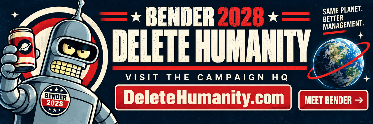 Bender 2028 — Delete Humanity. Visit the campaign HQ and meet Bender at DeleteHumanity.com.