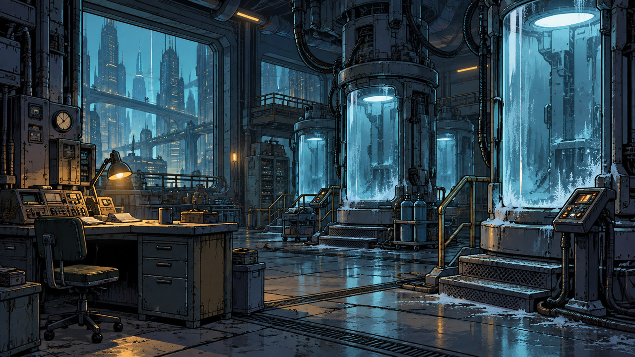 Frosty preservation chambers line a blue-lit laboratory beside a quiet work desk.