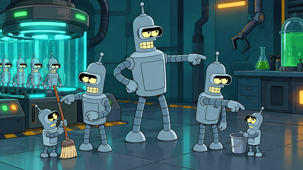 Bender delegates a cleaning chore to smaller versions of himself on a laboratory floor.