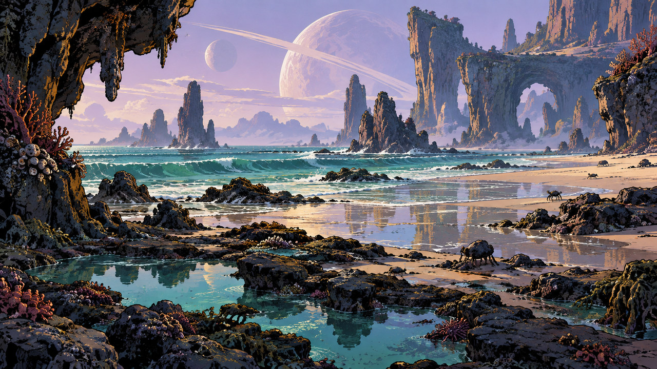 Tidal pools and rocky arches border an alien coast beneath a lavender sky.