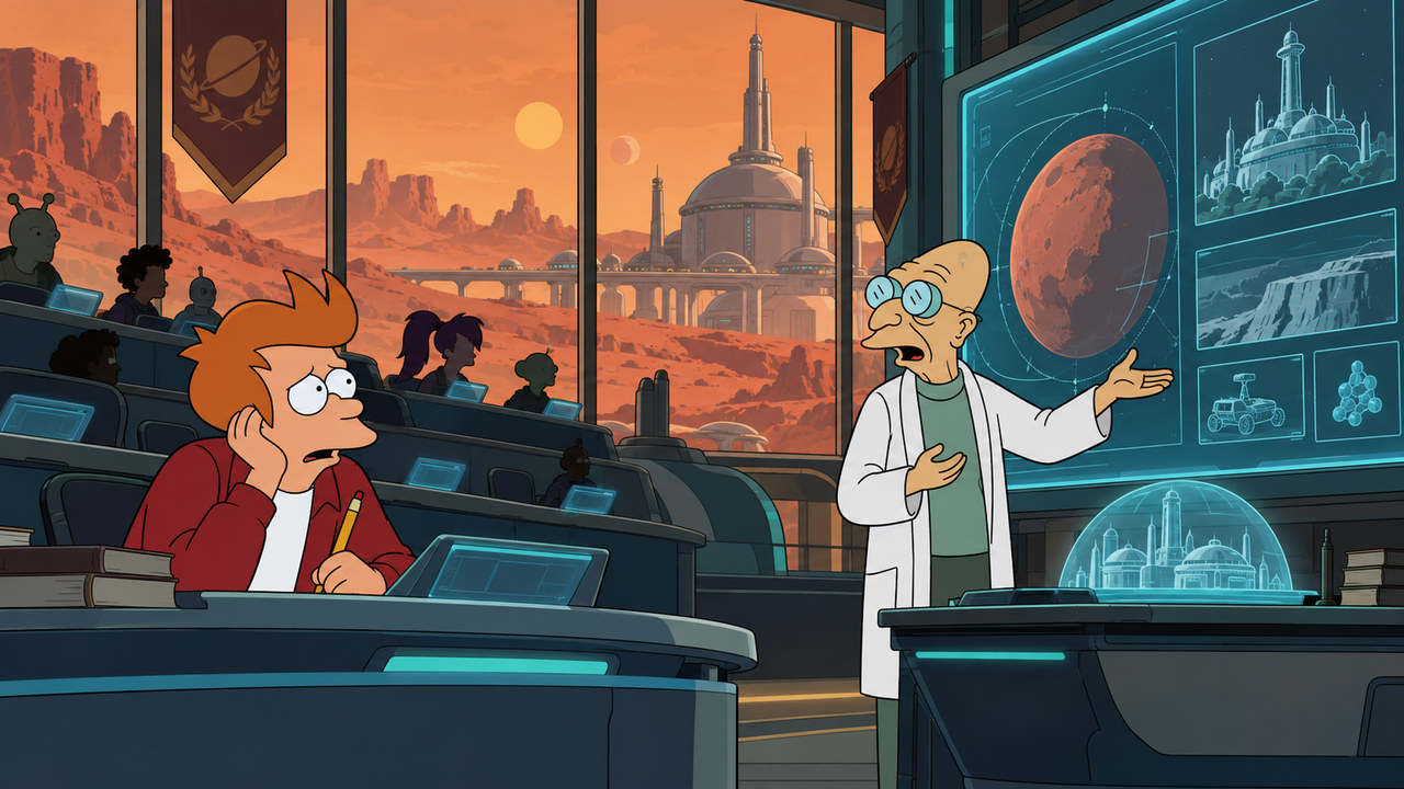 Fry sits at a classroom desk as Farnsworth points to a display beside a red desert window.