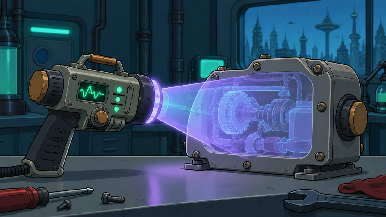 A handheld scanner casts a violet beam through a closed mechanical component.