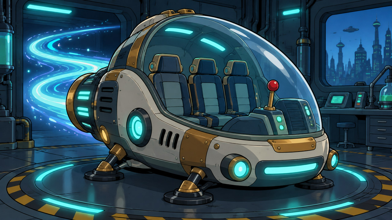 A transparent domed vehicle holds three empty seats and a prominent control lever.