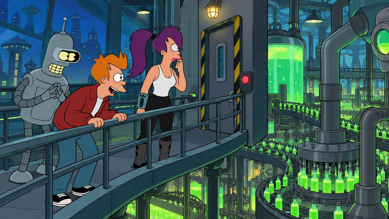 Fry, Leela and Bender look over an elevated walkway at luminous green factory machinery.