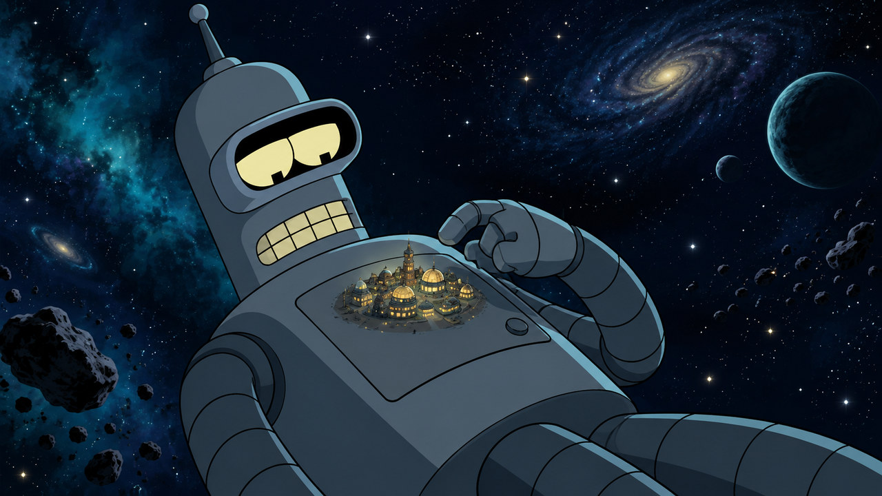 Bender floats through space looking down at a tiny illuminated settlement on his torso.