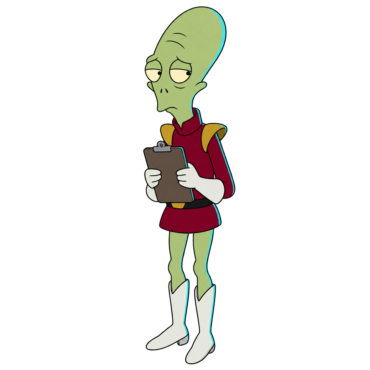Kif Kroker holds a clipboard and glances sideways in his service uniform.