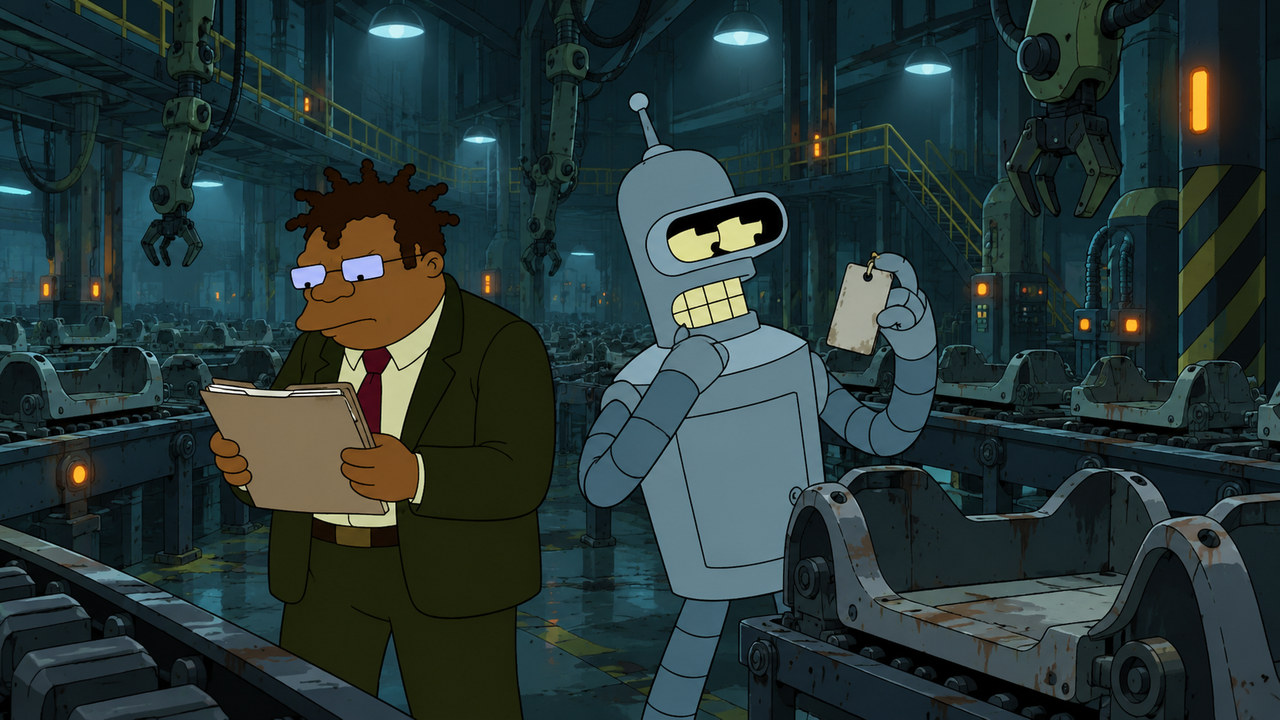 Hermes studies a clipboard while Bender examines a tag in a dim robot factory.