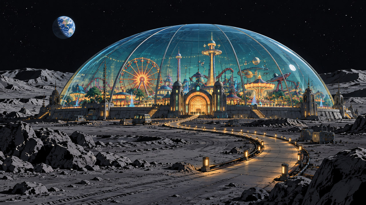 Colorful amusement rides glow beneath a dome on a gray lunar landscape.