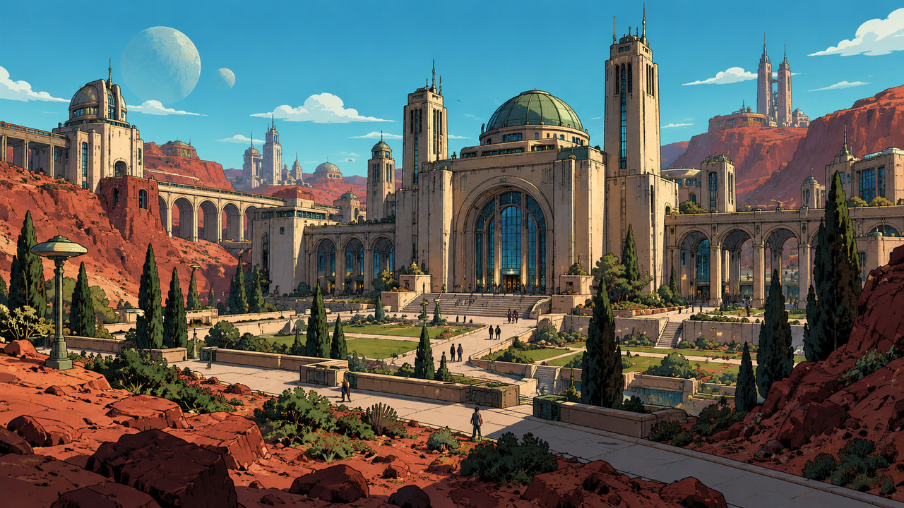 Academic arches and towers rise above paths and red desert cliffs.