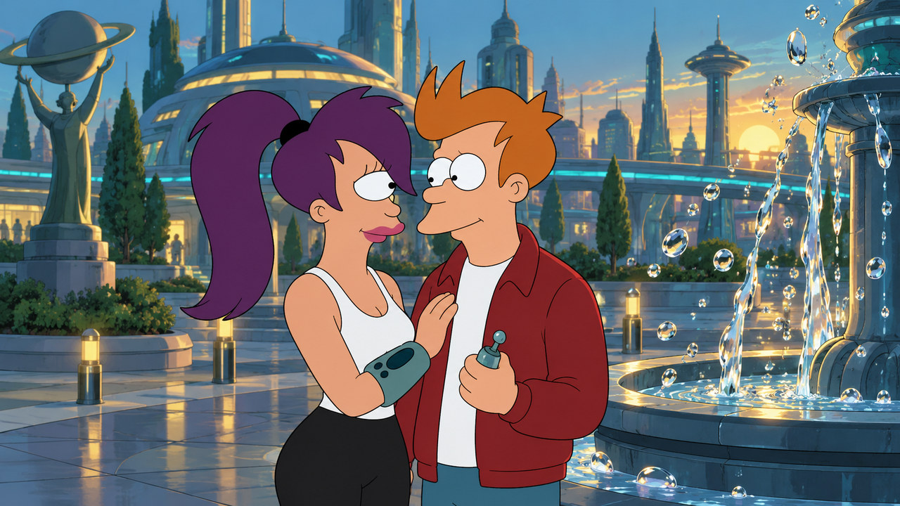 Fry and Leela stand close together beside suspended fountain droplets in a sunny plaza.