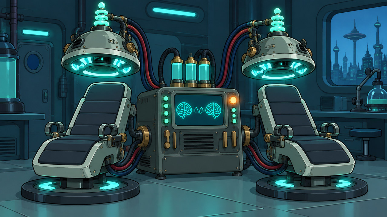 Two empty experiment chairs sit beneath connected illuminated metal hoods.