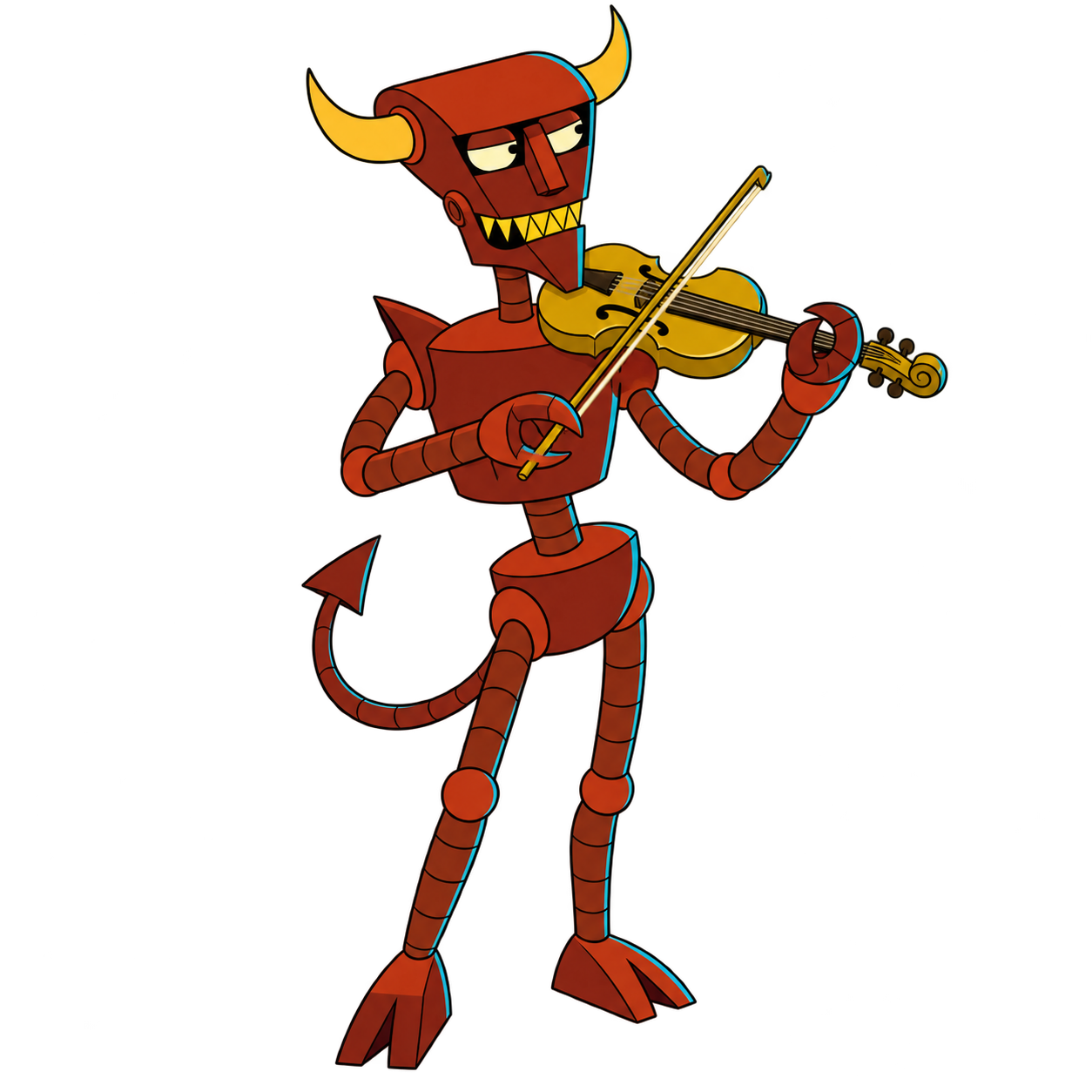 The red Robot Devil plays a golden fiddle in a theatrical pose.