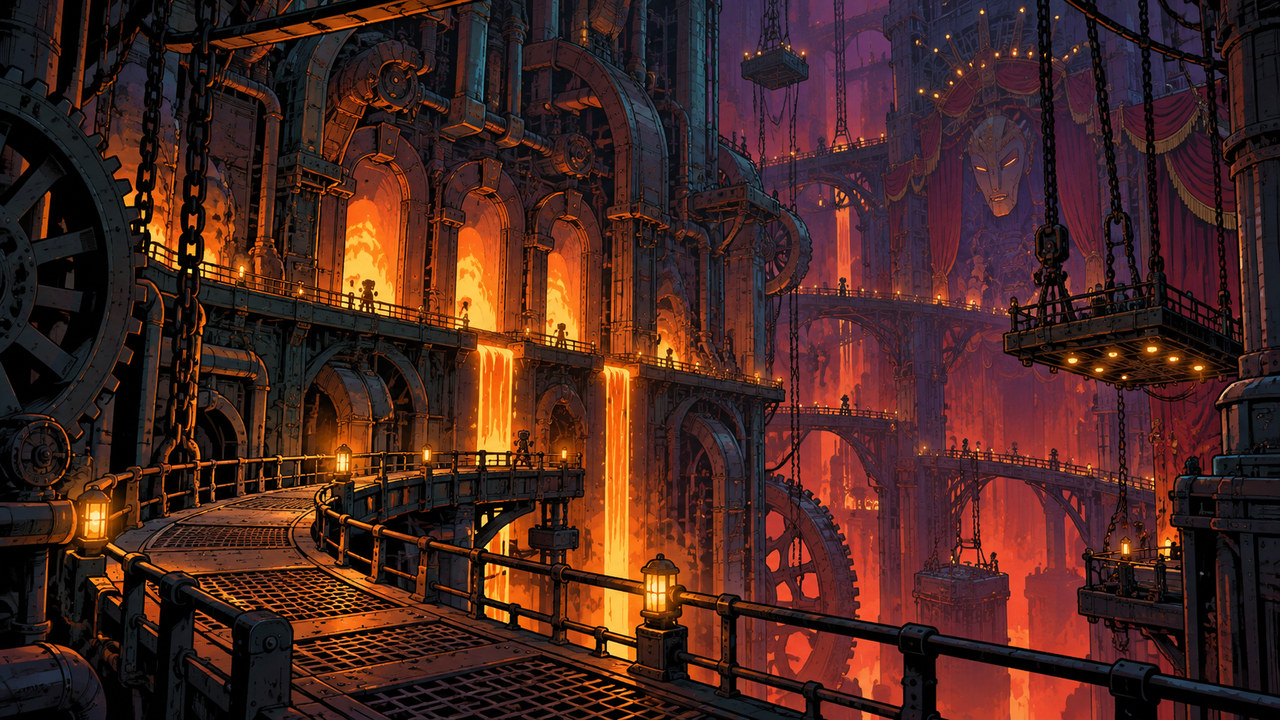 Iron catwalks wind between glowing furnaces in a vast industrial chamber.