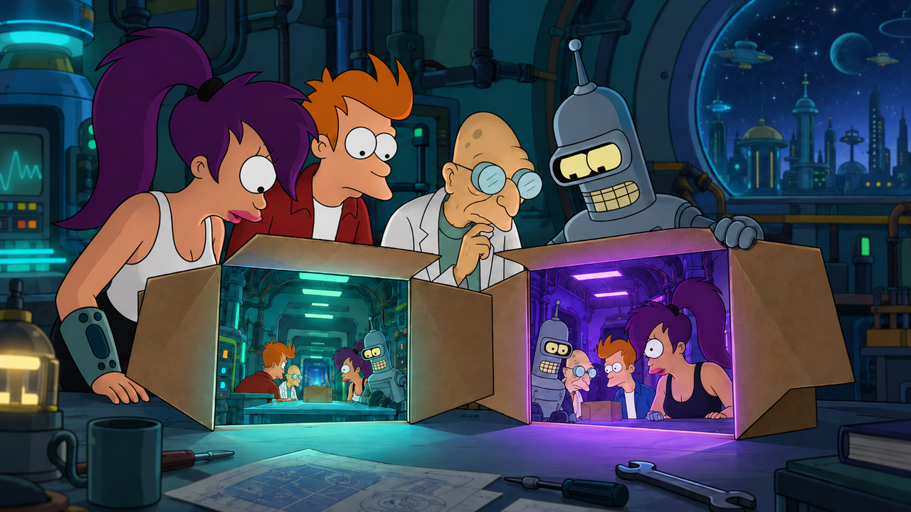 The crew examines cardboard boxes containing glowing views of counterpart laboratories.
