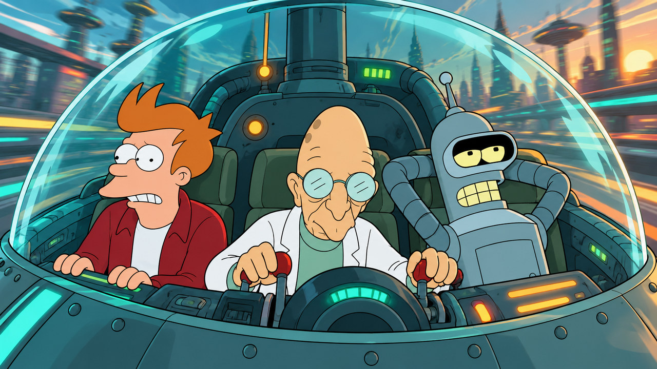 Fry, Farnsworth and Bender ride in a domed vehicle past a streaking futuristic landscape.