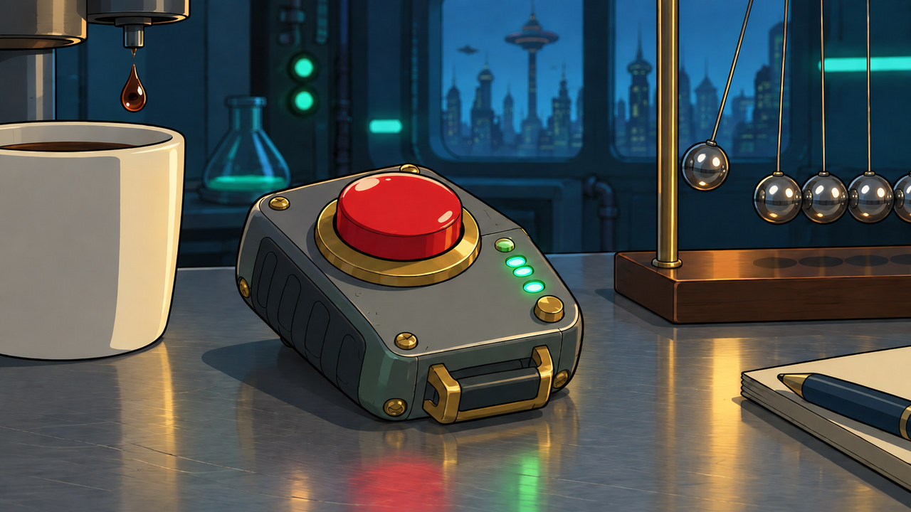 A small device with a red button rests beside a cup and suspended mechanical objects.