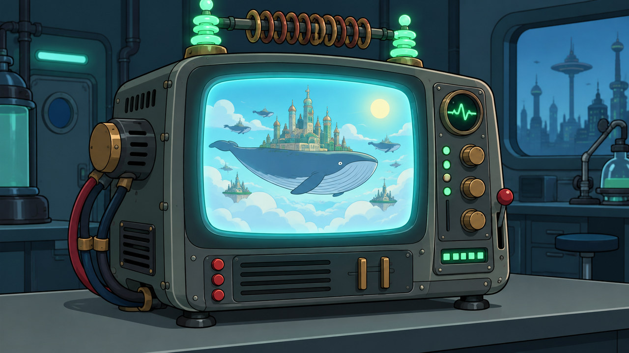A retro monitor shows an impossible floating landscape on a laboratory bench.