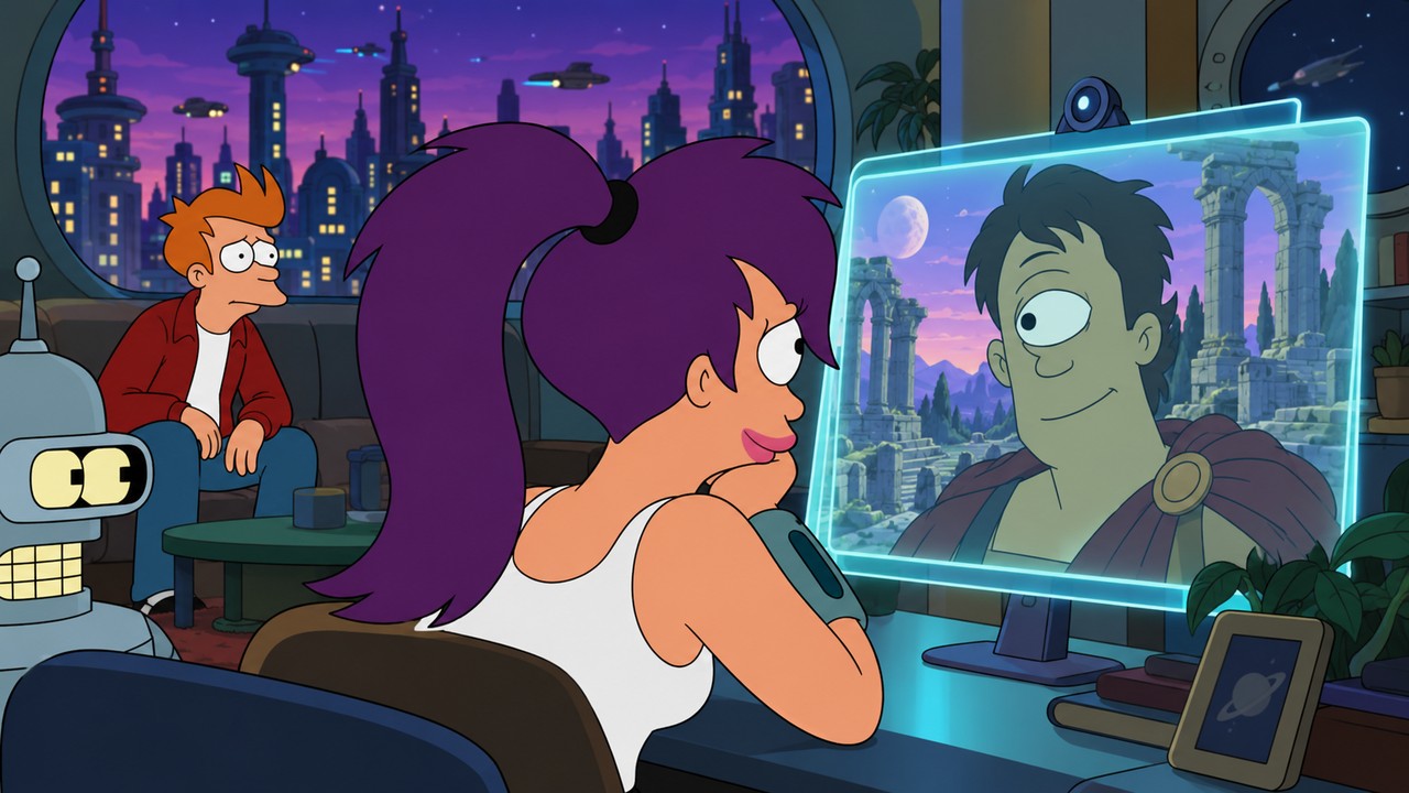 Leela watches a one-eyed humanoid on a communication screen while Fry and Bender wait behind her.