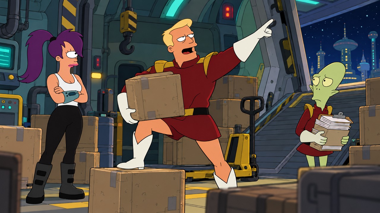 Zapp points dramatically over delivery crates as Kif carries paperwork and Leela folds her arms.