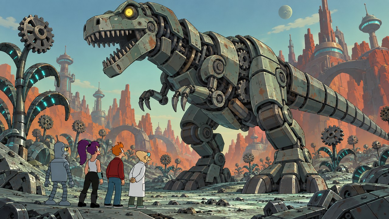 A giant mechanical dinosaur towers over the crew in a landscape of gears and metal plants.