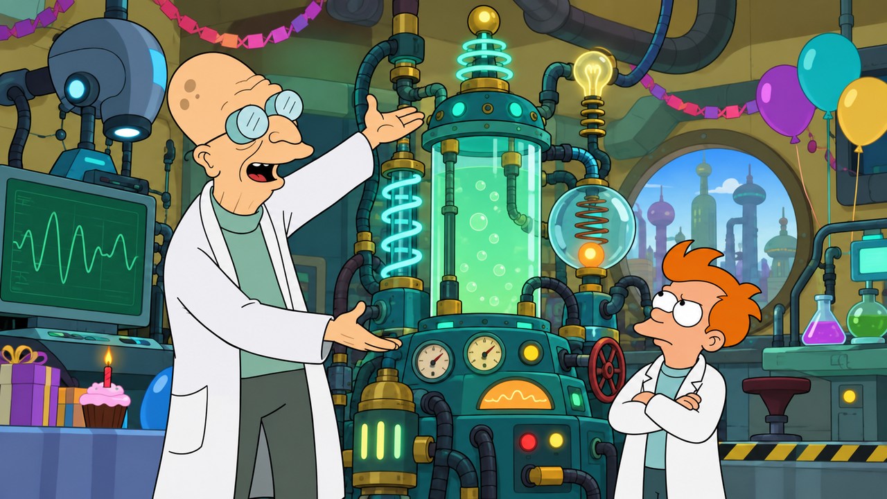 Professor Farnsworth enthusiastically presents a machine while Cubert stands with folded arms.