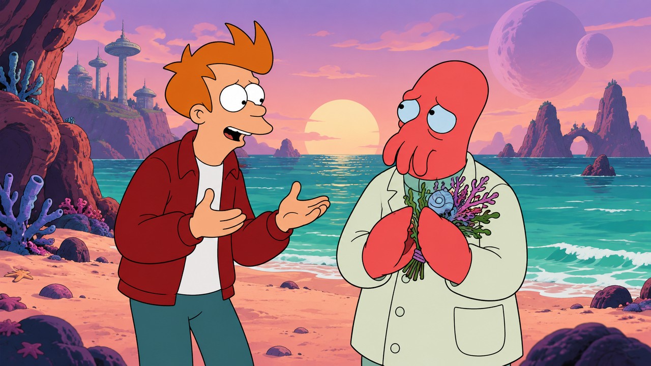 Fry advises Zoidberg, who holds a small bouquet beside an alien sea.