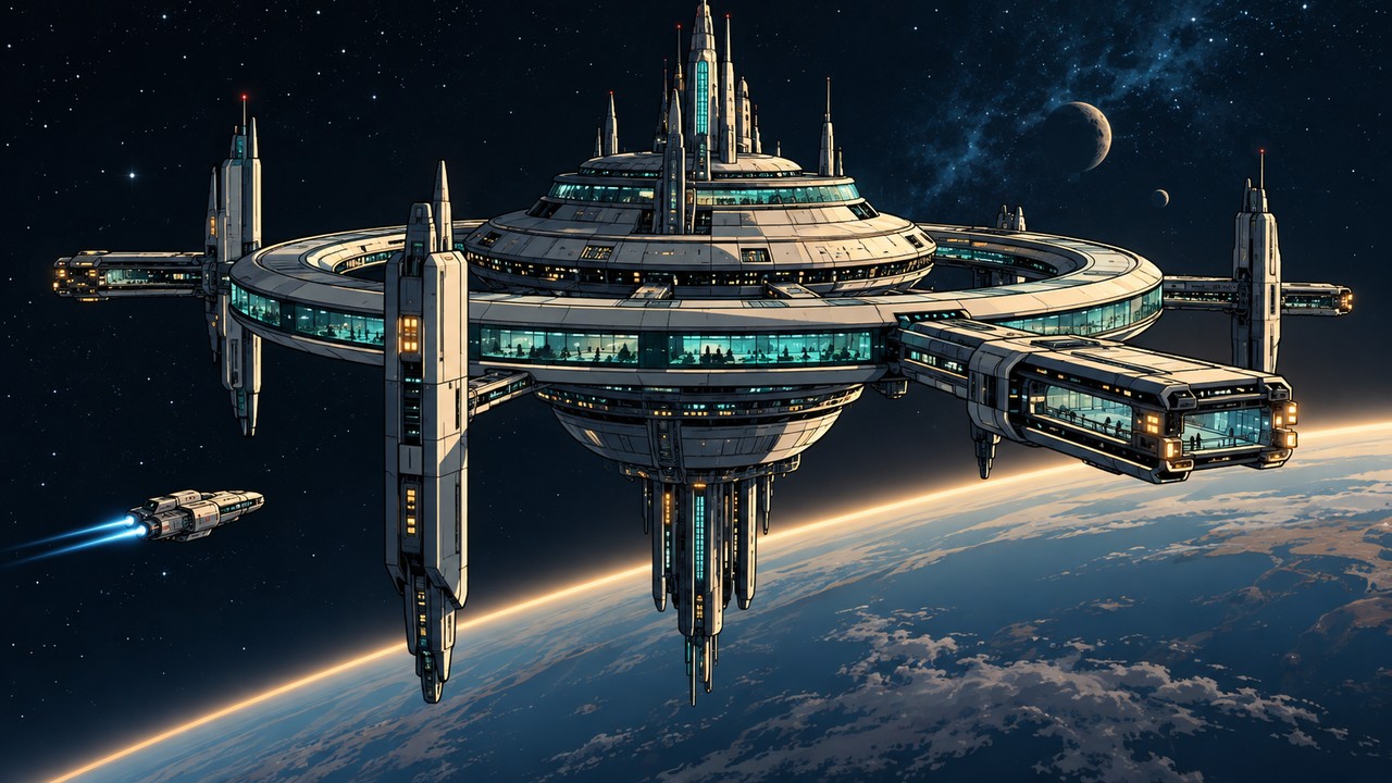 A multi-ring orbital station hangs above a planet as a small spacecraft approaches.