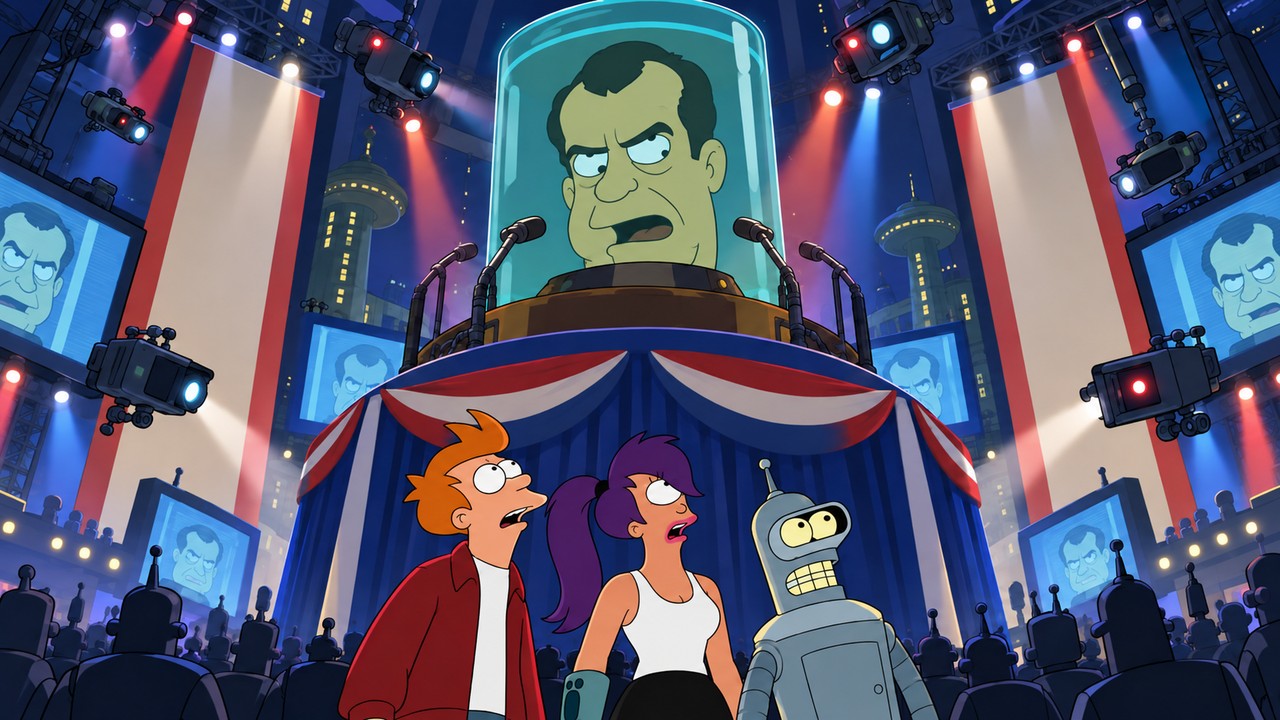 Fry, Leela and Bender look up at a giant rally podium displaying a cartoon head in a jar.