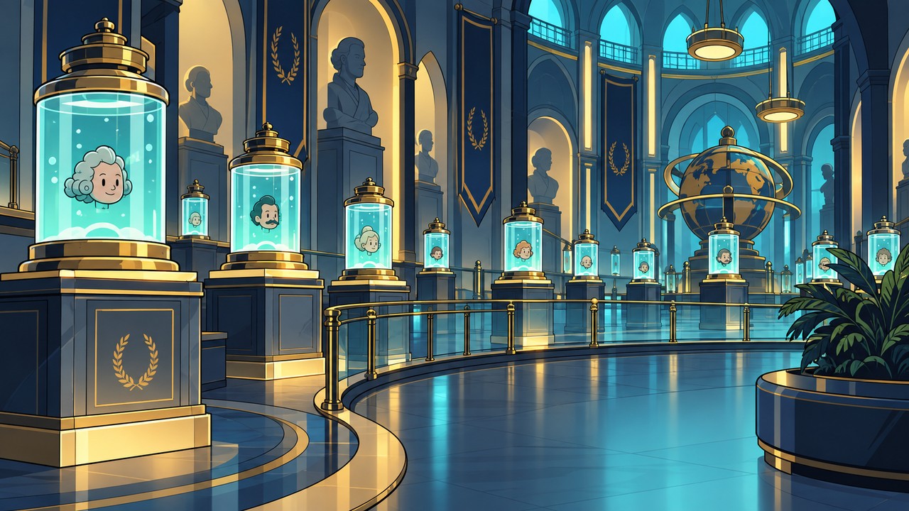 Illuminated preservation jars line a spacious museum gallery with brass arches and blue lighting.
