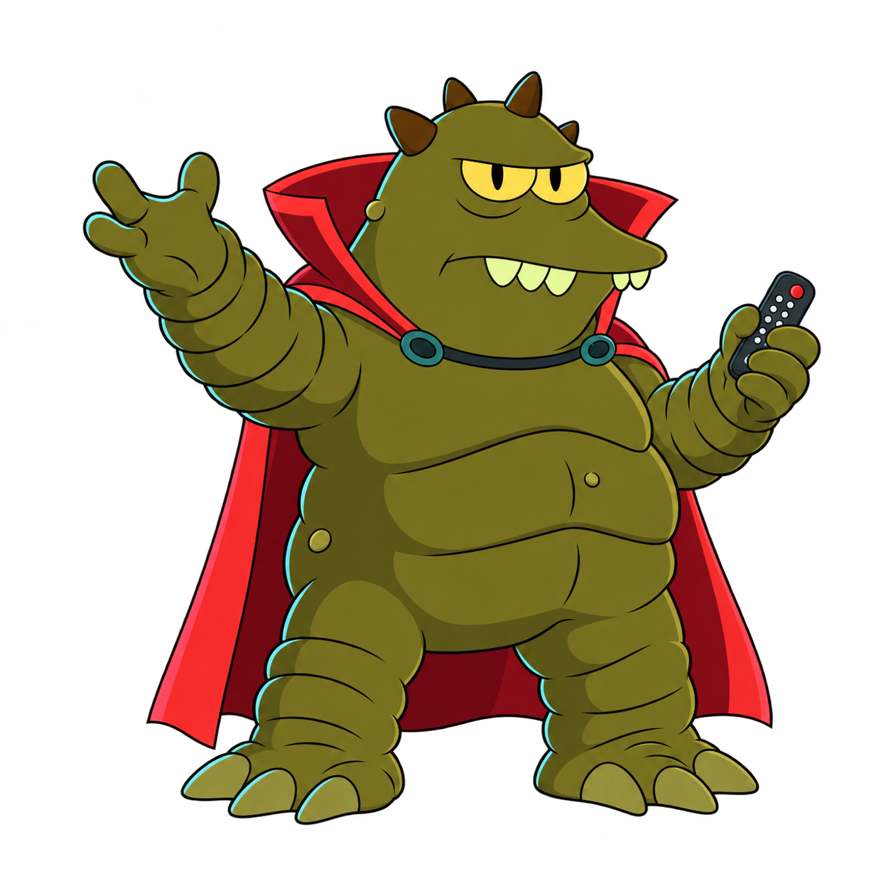 Lrrr gestures broadly in a red cape while holding a tiny remote control.
