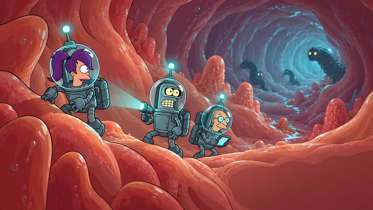 Tiny explorers resembling Leela, Bender and Farnsworth travel through a stylized biological passage.