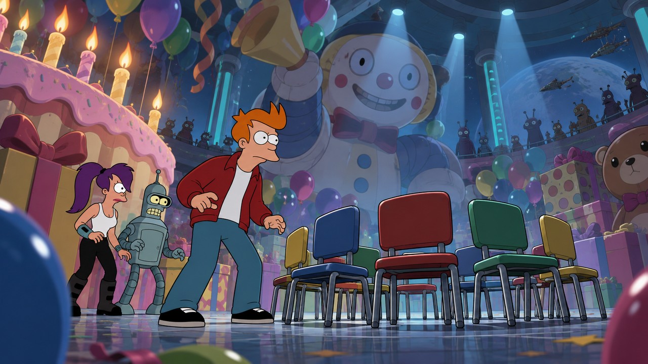 Fry, Leela and Bender face a ring of empty chairs in an oversized birthday-party setting.