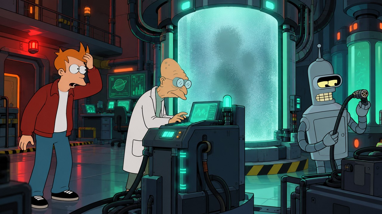 Fry and Professor Farnsworth watch a frosted recovery chamber while Bender handles a cable.