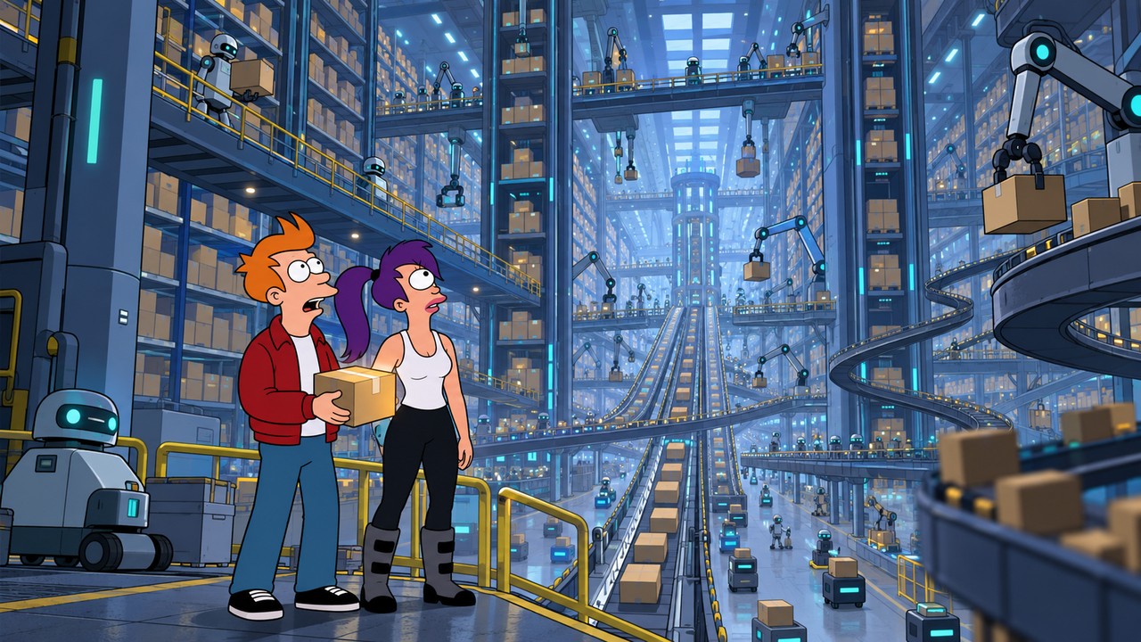 Fry and Leela carry parcels through a vast automated warehouse with towering conveyor belts.