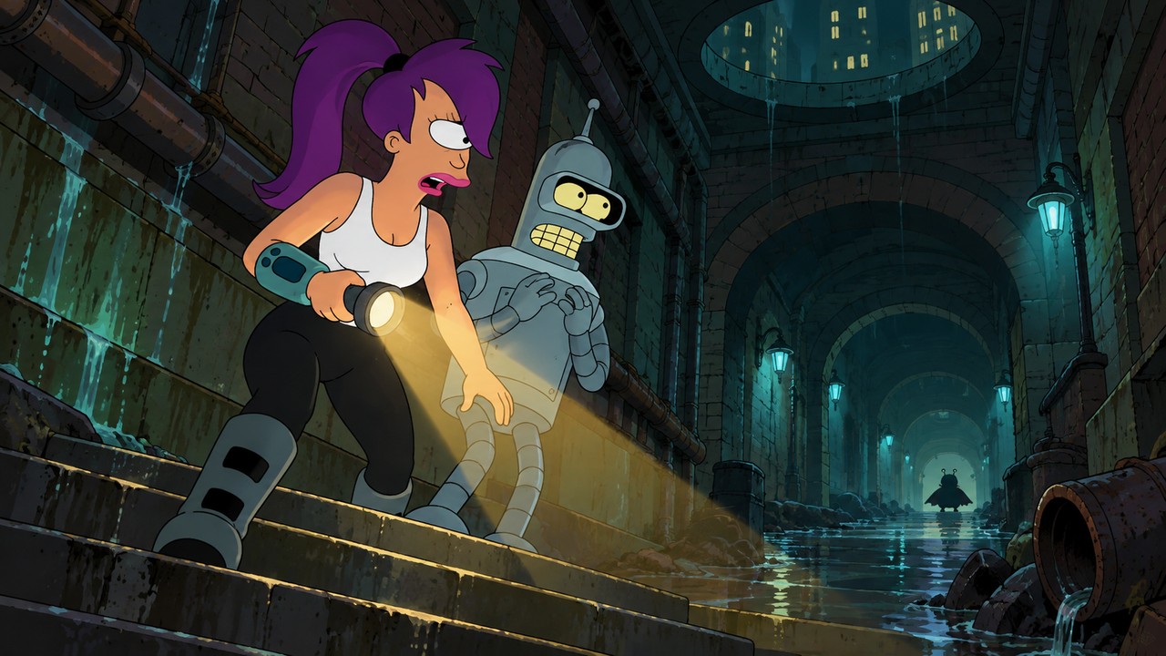 Leela carries a flashlight down damp underground stairs while an uneasy Bender follows.