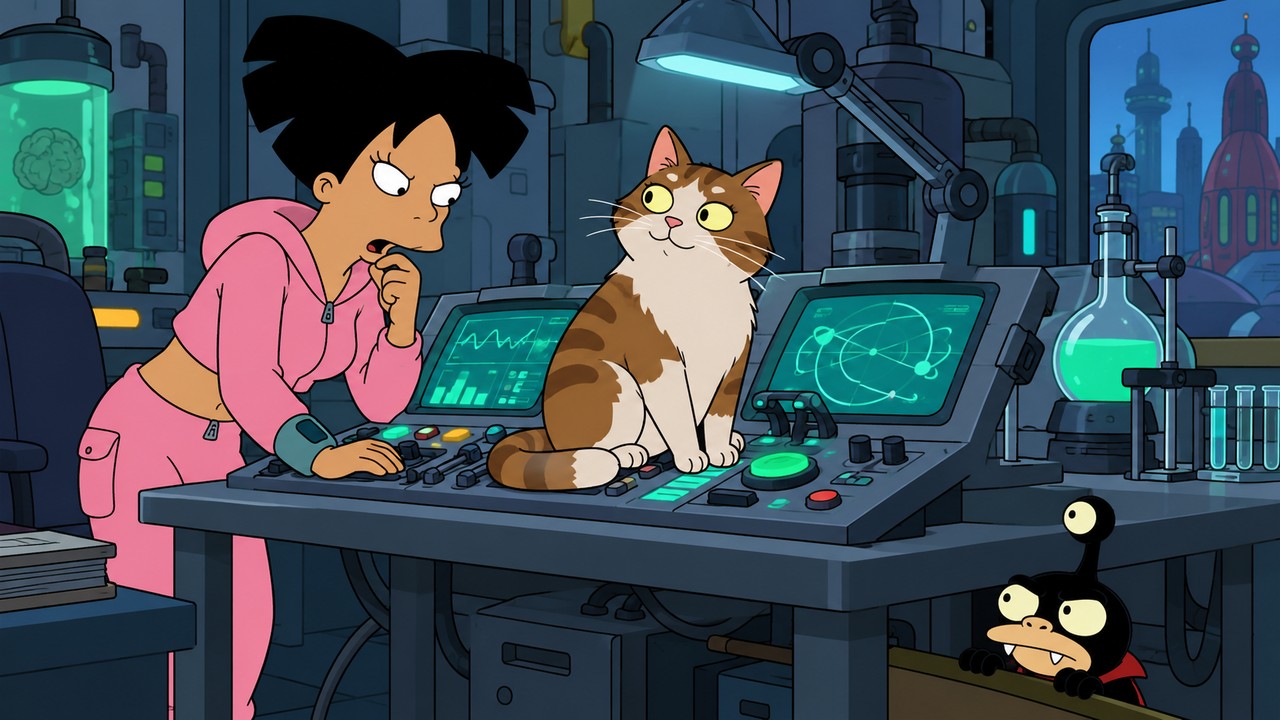 Amy studies a cat sitting on laboratory controls while Nibbler watches from below.
