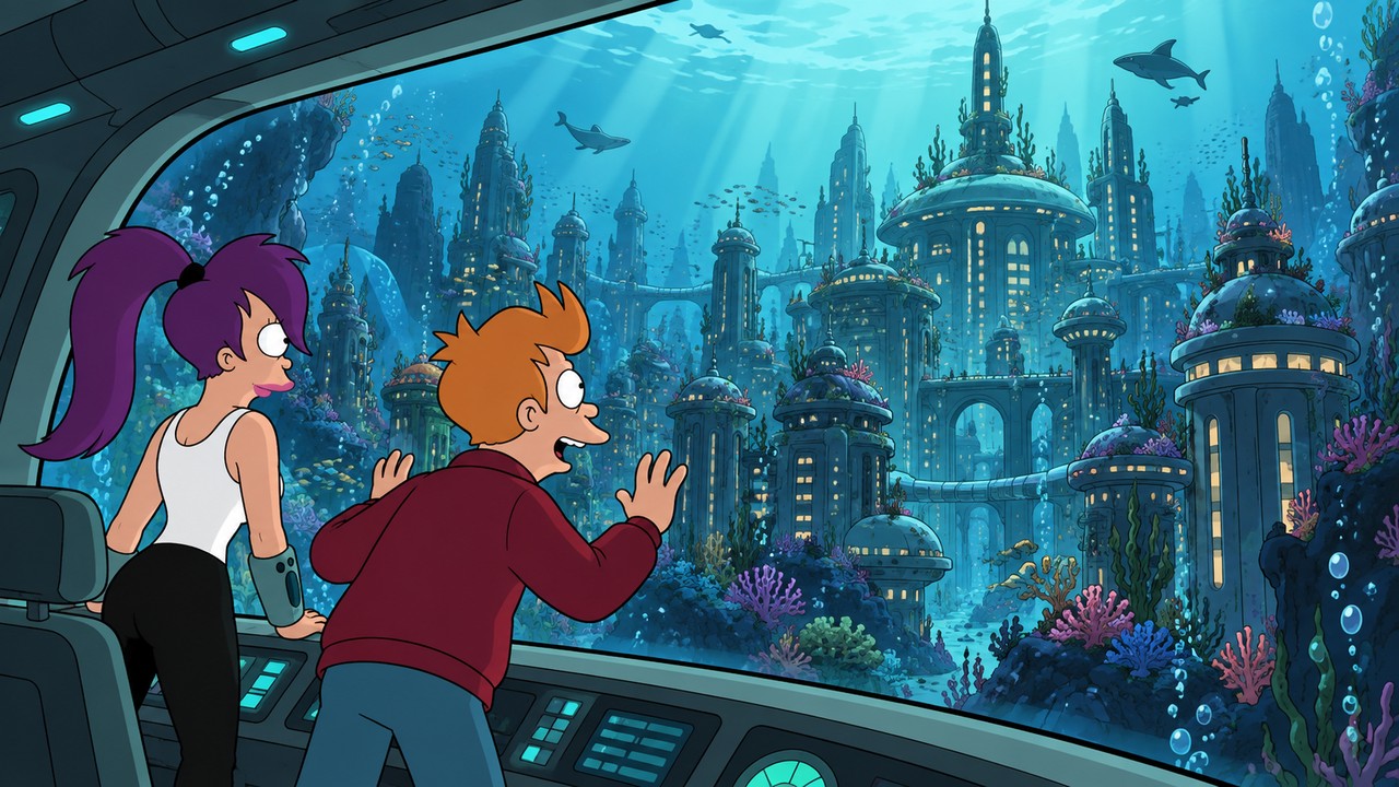 Fry and Leela look through a ship window at a submerged city surrounded by marine life.