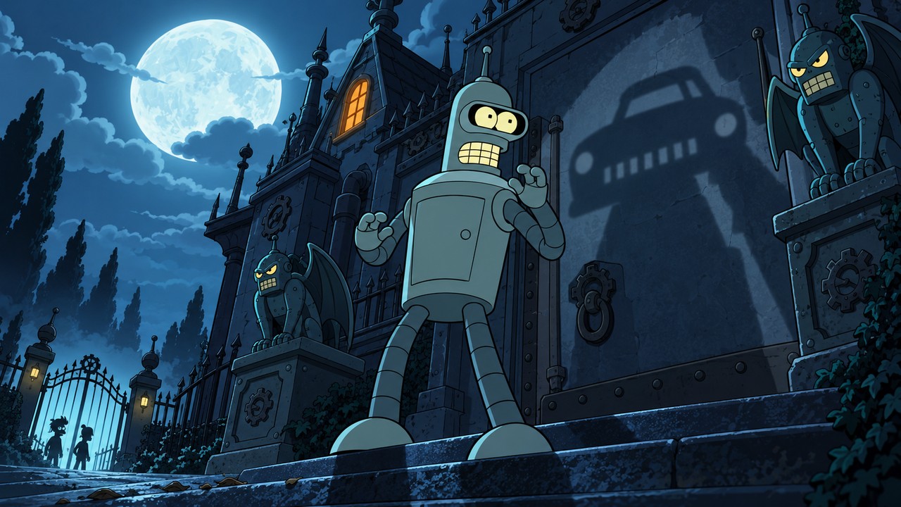 Bender stands outside a moonlit mansion beside a shadow shaped like a threatening car.