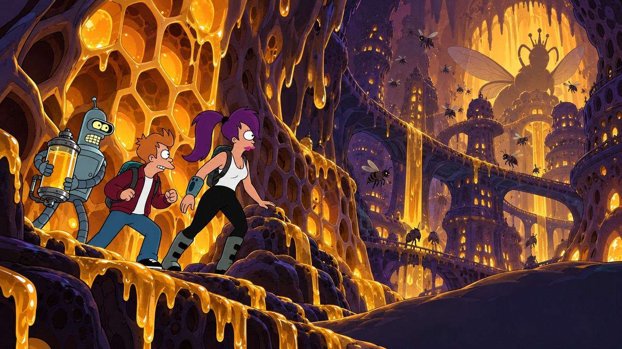 Leela leads Fry and Bender through enormous glowing honeycomb passages toward a distant space bee.