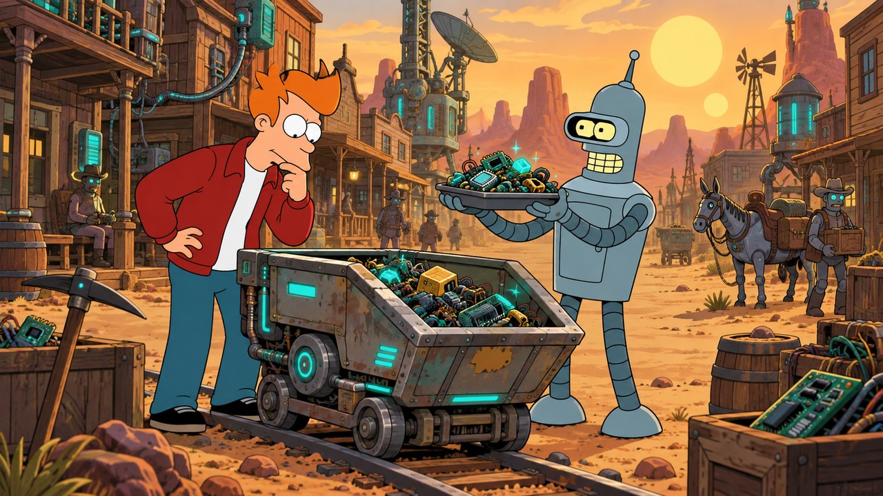 Bender presents a tray of components beside Fry and a mining cart in a dusty frontier town.