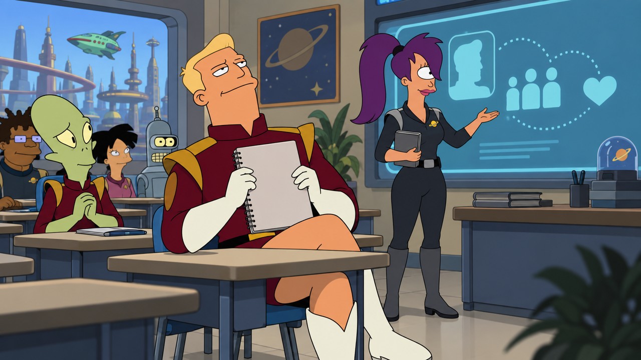 Zapp sits with a notebook in a classroom while Leela gestures at a training display.