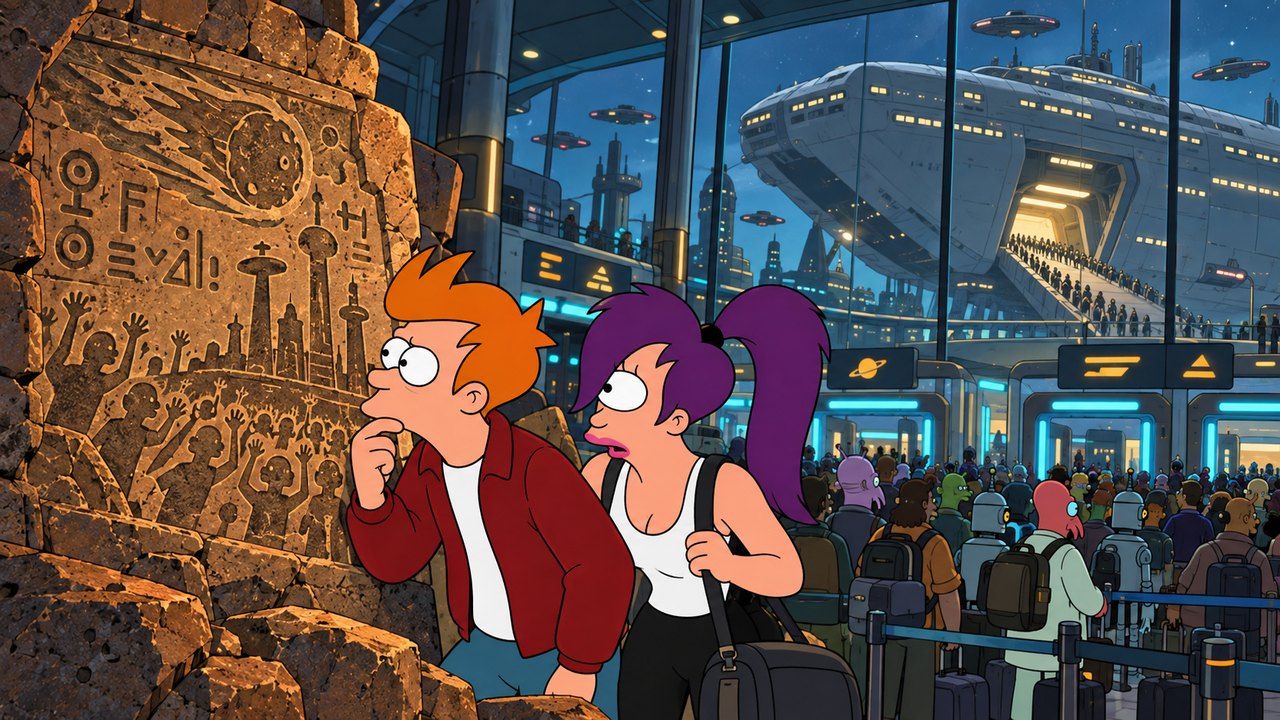 Fry and Leela study an ancient relief beside a crowded departure terminal.